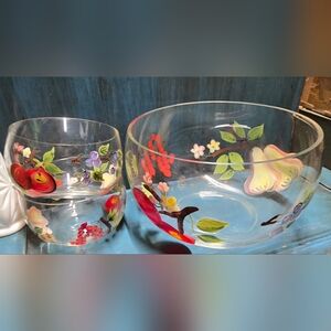 Vintage Hand Painted Fruit And Floral Glass Sering Bowls Set Of 3